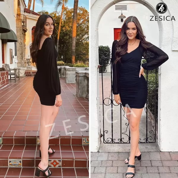 imageZESICA Womens Sexy V Neck Ruched Bodycon Mini Dress Puff Long Sleeve Cocktail Wedding Party Short DressesBlack