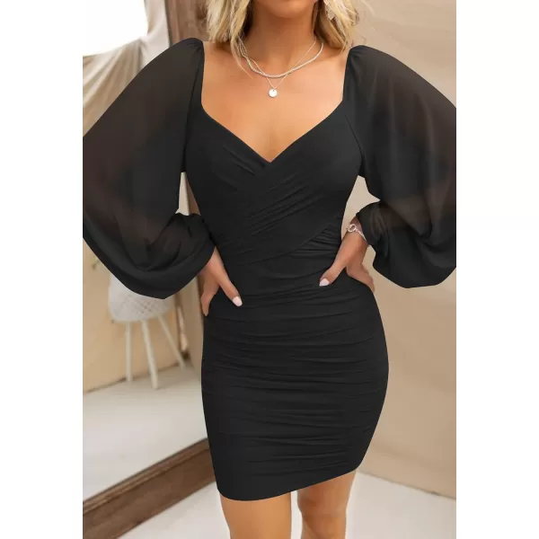 imageZESICA Womens Sexy V Neck Ruched Bodycon Mini Dress Puff Long Sleeve Cocktail Wedding Party Short DressesBlack