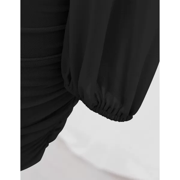 imageZESICA Womens Sexy V Neck Ruched Bodycon Mini Dress Puff Long Sleeve Cocktail Wedding Party Short DressesBlack
