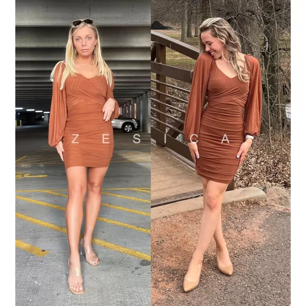 imageZESICA Womens Sexy V Neck Ruched Bodycon Mini Dress Puff Long Sleeve Cocktail Wedding Party Short DressesCaramel