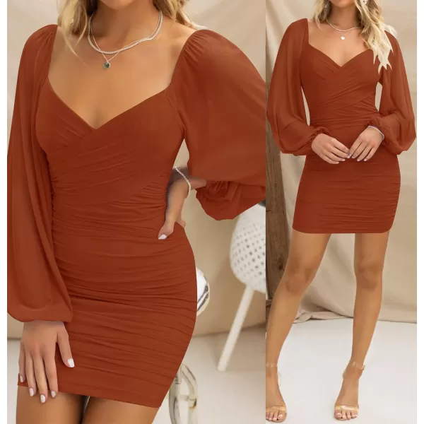 imageZESICA Womens Sexy V Neck Ruched Bodycon Mini Dress Puff Long Sleeve Cocktail Wedding Party Short DressesCaramel