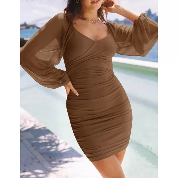 imageZESICA Womens Sexy V Neck Ruched Bodycon Mini Dress Puff Long Sleeve Cocktail Wedding Party Short DressesCoffee
