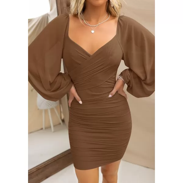imageZESICA Womens Sexy V Neck Ruched Bodycon Mini Dress Puff Long Sleeve Cocktail Wedding Party Short DressesCoffee