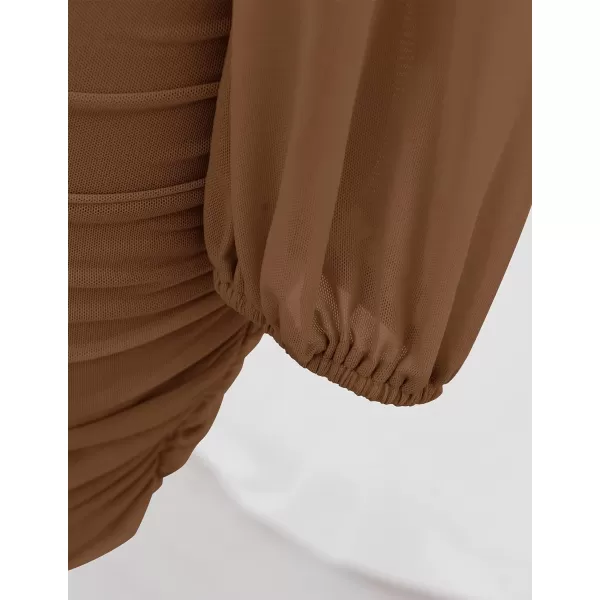 imageZESICA Womens Sexy V Neck Ruched Bodycon Mini Dress Puff Long Sleeve Cocktail Wedding Party Short DressesCoffee