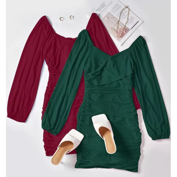 imageZESICA Womens Sexy V Neck Ruched Bodycon Mini Dress Puff Long Sleeve Cocktail Wedding Party Short DressesForestgreen