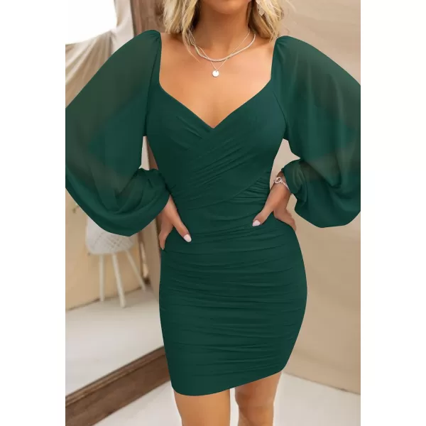 imageZESICA Womens Sexy V Neck Ruched Bodycon Mini Dress Puff Long Sleeve Cocktail Wedding Party Short DressesForestgreen