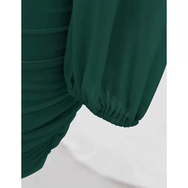 imageZESICA Womens Sexy V Neck Ruched Bodycon Mini Dress Puff Long Sleeve Cocktail Wedding Party Short DressesForestgreen