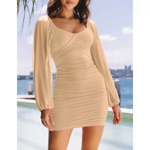imageZESICA Womens Sexy V Neck Ruched Bodycon Mini Dress Puff Long Sleeve Cocktail Wedding Party Short DressesLightkhaki