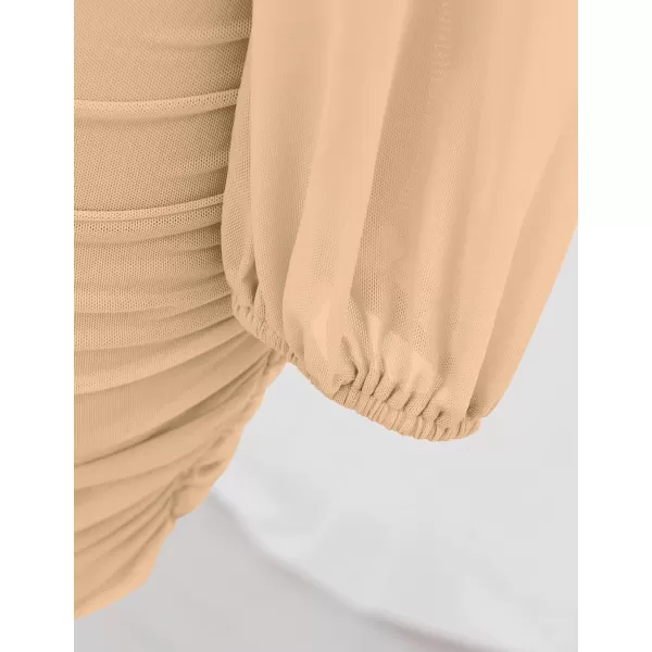imageZESICA Womens Sexy V Neck Ruched Bodycon Mini Dress Puff Long Sleeve Cocktail Wedding Party Short DressesLightkhaki