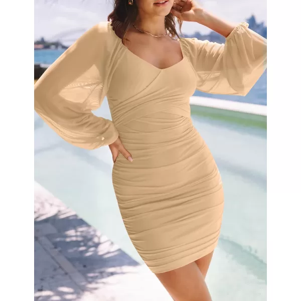 imageZESICA Womens Sexy V Neck Ruched Bodycon Mini Dress Puff Long Sleeve Cocktail Wedding Party Short DressesLightkhaki