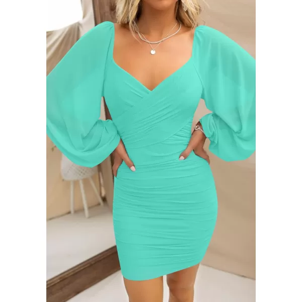 imageZESICA Womens Sexy V Neck Ruched Bodycon Mini Dress Puff Long Sleeve Cocktail Wedding Party Short DressesMint