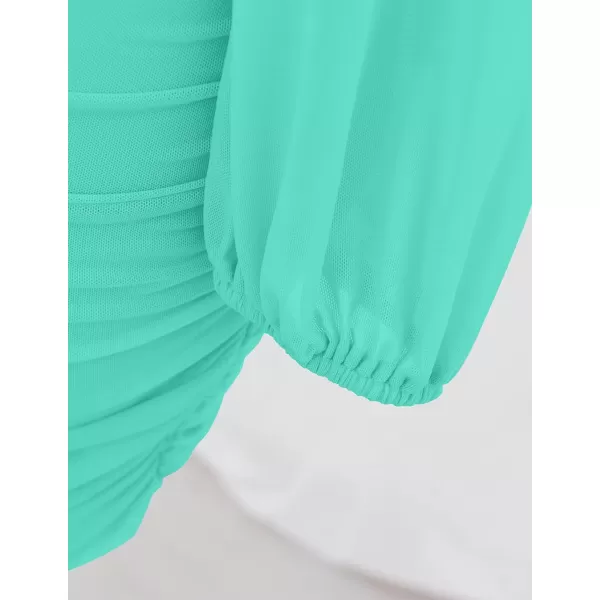 imageZESICA Womens Sexy V Neck Ruched Bodycon Mini Dress Puff Long Sleeve Cocktail Wedding Party Short DressesMint
