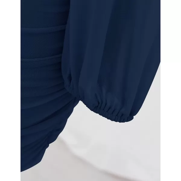imageZESICA Womens Sexy V Neck Ruched Bodycon Mini Dress Puff Long Sleeve Cocktail Wedding Party Short DressesNavy