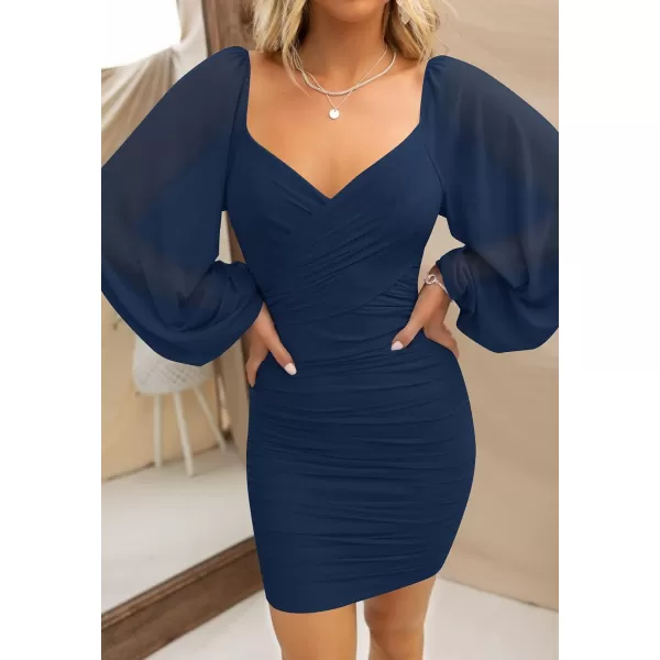 imageZESICA Womens Sexy V Neck Ruched Bodycon Mini Dress Puff Long Sleeve Cocktail Wedding Party Short DressesNavy