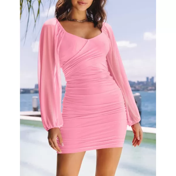 imageZESICA Womens Sexy V Neck Ruched Bodycon Mini Dress Puff Long Sleeve Cocktail Wedding Party Short DressesPink