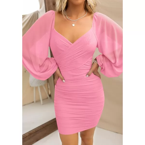 imageZESICA Womens Sexy V Neck Ruched Bodycon Mini Dress Puff Long Sleeve Cocktail Wedding Party Short DressesPink