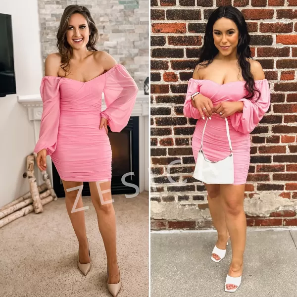 imageZESICA Womens Sexy V Neck Ruched Bodycon Mini Dress Puff Long Sleeve Cocktail Wedding Party Short DressesPink