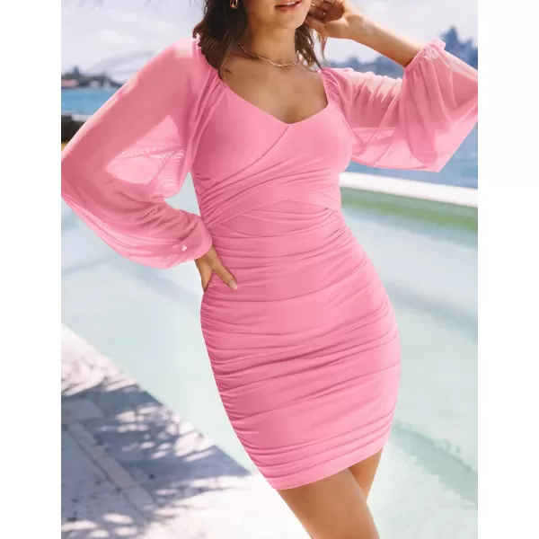 imageZESICA Womens Sexy V Neck Ruched Bodycon Mini Dress Puff Long Sleeve Cocktail Wedding Party Short DressesPink