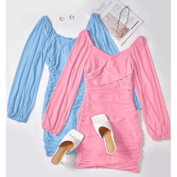 imageZESICA Womens Sexy V Neck Ruched Bodycon Mini Dress Puff Long Sleeve Cocktail Wedding Party Short DressesPink
