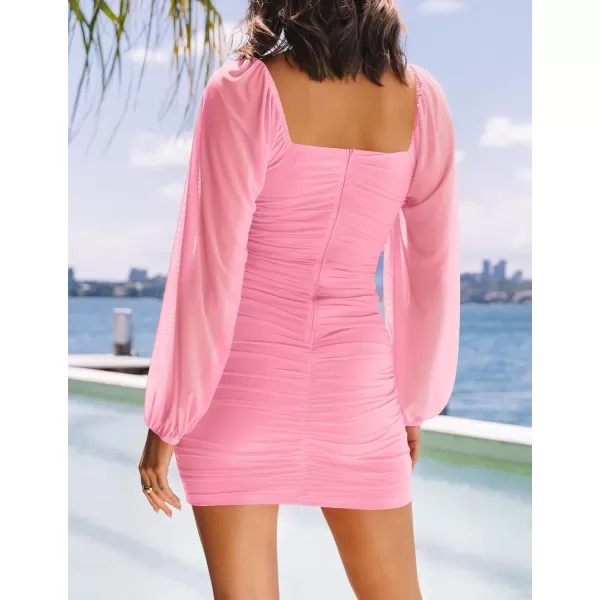 imageZESICA Womens Sexy V Neck Ruched Bodycon Mini Dress Puff Long Sleeve Cocktail Wedding Party Short DressesPink