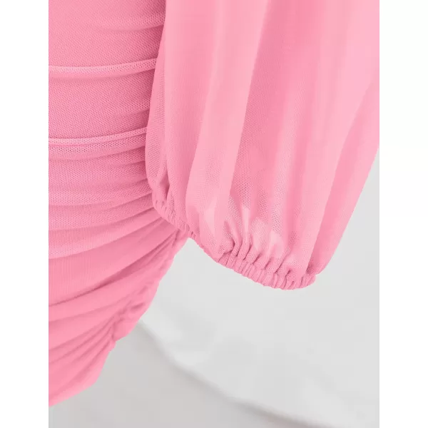 imageZESICA Womens Sexy V Neck Ruched Bodycon Mini Dress Puff Long Sleeve Cocktail Wedding Party Short DressesPink