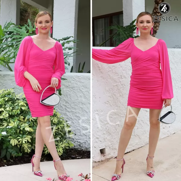 imageZESICA Womens Sexy V Neck Ruched Bodycon Mini Dress Puff Long Sleeve Cocktail Wedding Party Short DressesRose