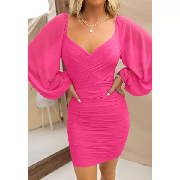imageZESICA Womens Sexy V Neck Ruched Bodycon Mini Dress Puff Long Sleeve Cocktail Wedding Party Short DressesRose