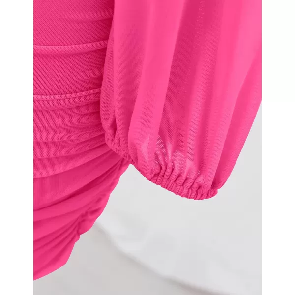 imageZESICA Womens Sexy V Neck Ruched Bodycon Mini Dress Puff Long Sleeve Cocktail Wedding Party Short DressesRose