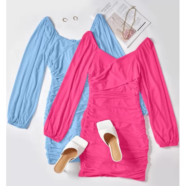 imageZESICA Womens Sexy V Neck Ruched Bodycon Mini Dress Puff Long Sleeve Cocktail Wedding Party Short DressesRose