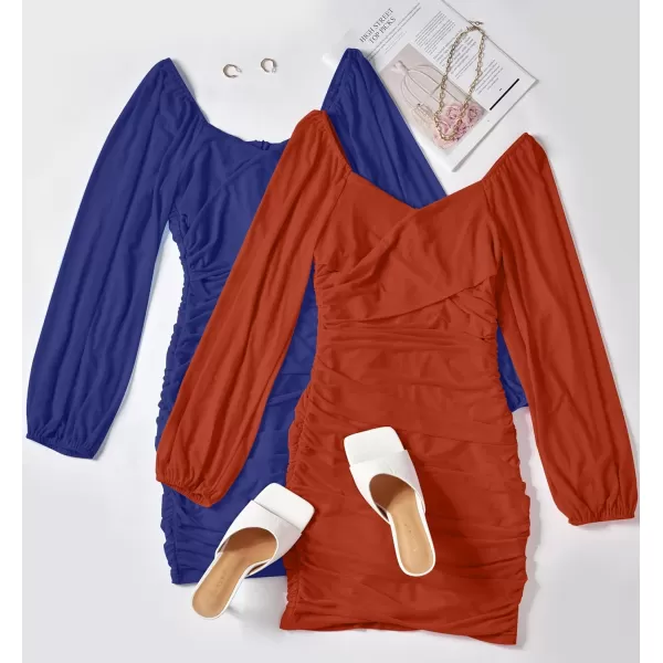 imageZESICA Womens Sexy V Neck Ruched Bodycon Mini Dress Puff Long Sleeve Cocktail Wedding Party Short DressesRoyalblue