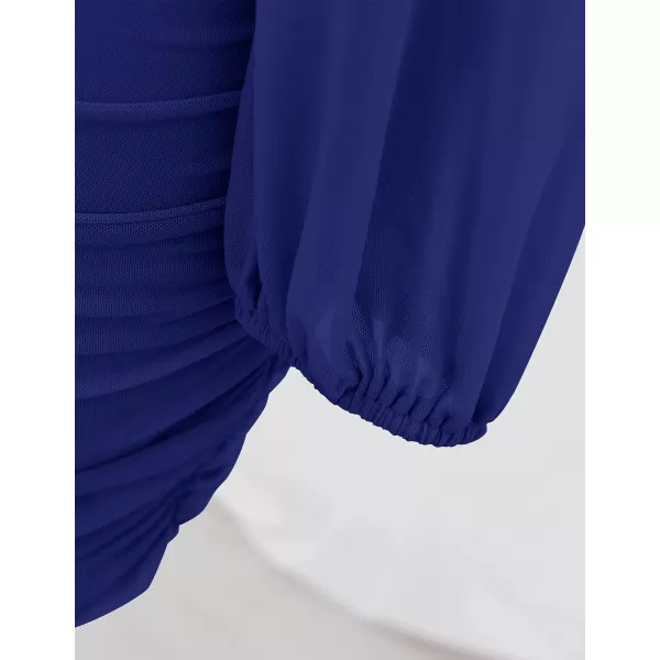 imageZESICA Womens Sexy V Neck Ruched Bodycon Mini Dress Puff Long Sleeve Cocktail Wedding Party Short DressesRoyalblue