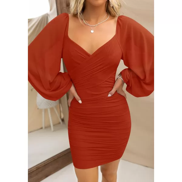 imageZESICA Womens Sexy V Neck Ruched Bodycon Mini Dress Puff Long Sleeve Cocktail Wedding Party Short DressesRust