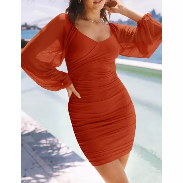 imageZESICA Womens Sexy V Neck Ruched Bodycon Mini Dress Puff Long Sleeve Cocktail Wedding Party Short DressesRust