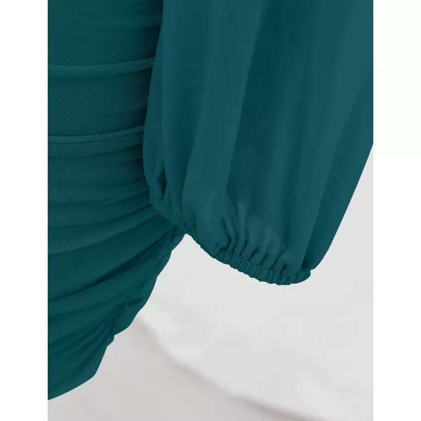 imageZESICA Womens Sexy V Neck Ruched Bodycon Mini Dress Puff Long Sleeve Cocktail Wedding Party Short DressesTeal