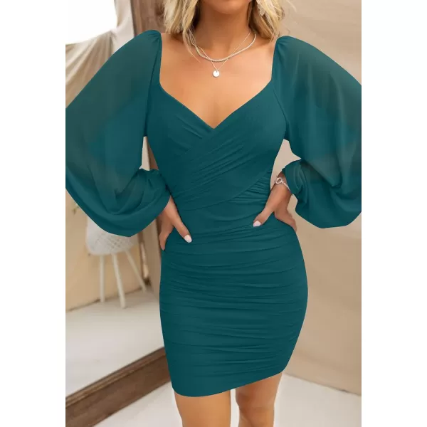 imageZESICA Womens Sexy V Neck Ruched Bodycon Mini Dress Puff Long Sleeve Cocktail Wedding Party Short DressesTeal