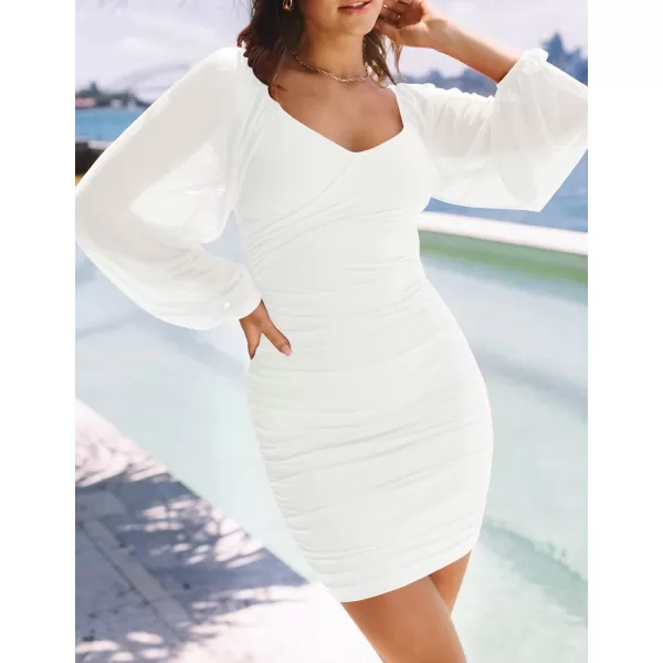 imageZESICA Womens Sexy V Neck Ruched Bodycon Mini Dress Puff Long Sleeve Cocktail Wedding Party Short DressesWhite