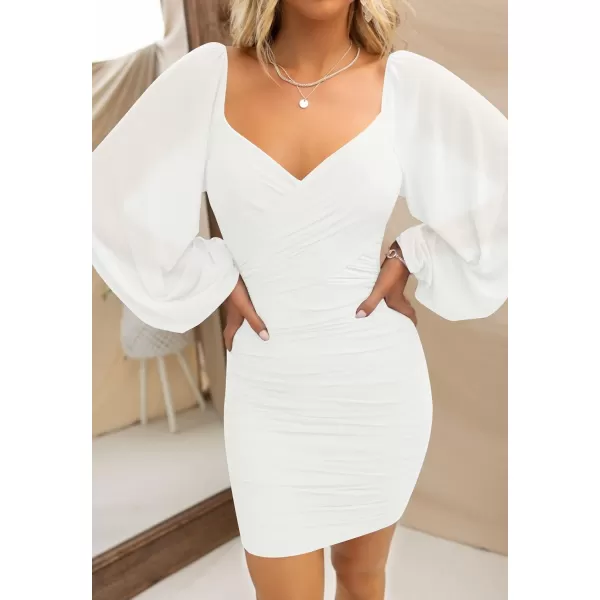 imageZESICA Womens Sexy V Neck Ruched Bodycon Mini Dress Puff Long Sleeve Cocktail Wedding Party Short DressesWhite