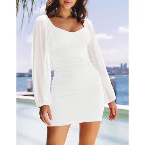 imageZESICA Womens Sexy V Neck Ruched Bodycon Mini Dress Puff Long Sleeve Cocktail Wedding Party Short DressesWhite