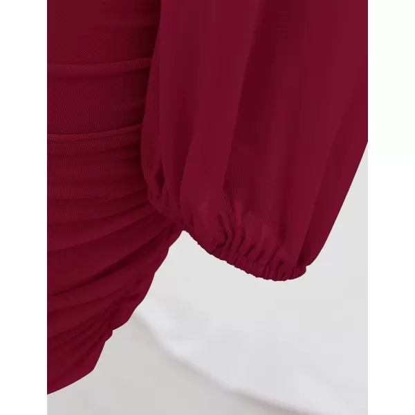 imageZESICA Womens Sexy V Neck Ruched Bodycon Mini Dress Puff Long Sleeve Cocktail Wedding Party Short DressesWine