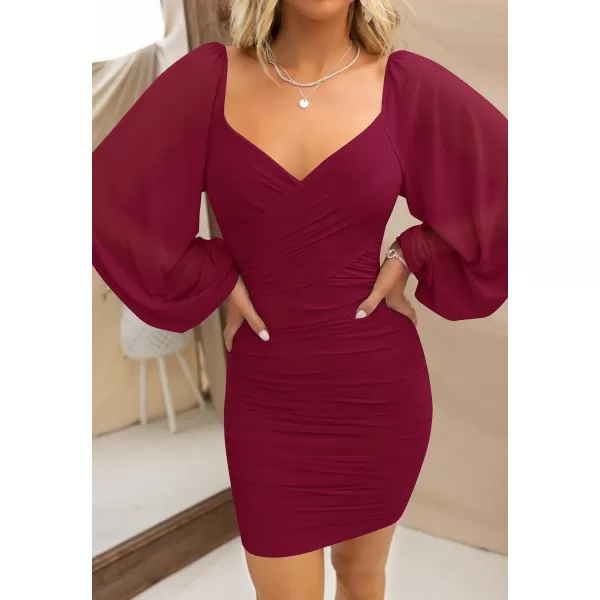 imageZESICA Womens Sexy V Neck Ruched Bodycon Mini Dress Puff Long Sleeve Cocktail Wedding Party Short DressesWine
