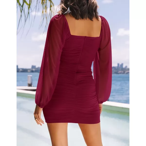 imageZESICA Womens Sexy V Neck Ruched Bodycon Mini Dress Puff Long Sleeve Cocktail Wedding Party Short DressesWine