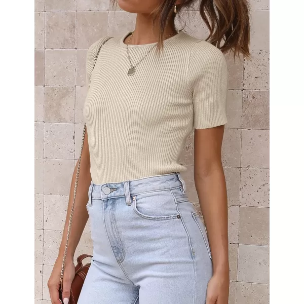 imageZESICA Womens Short Sleeve Crewneck Ribbed Knit Slim Fit T Shirt 2023 Summer Basic Solid Color Tee TopsAlmond