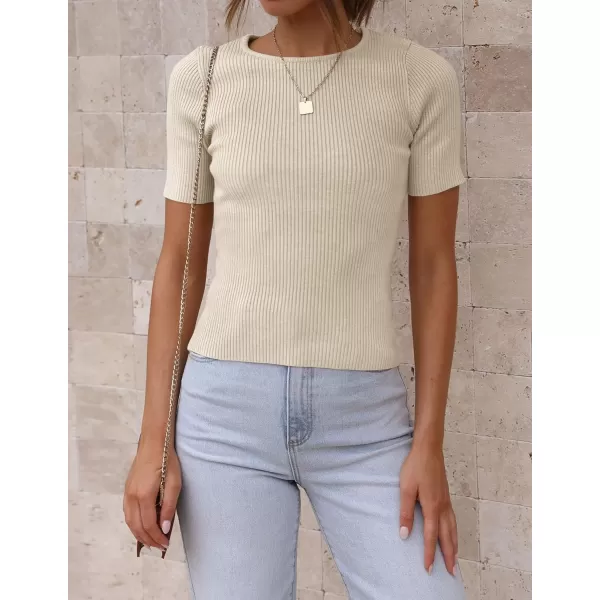 imageZESICA Womens Short Sleeve Crewneck Ribbed Knit Slim Fit T Shirt 2023 Summer Basic Solid Color Tee TopsAlmond