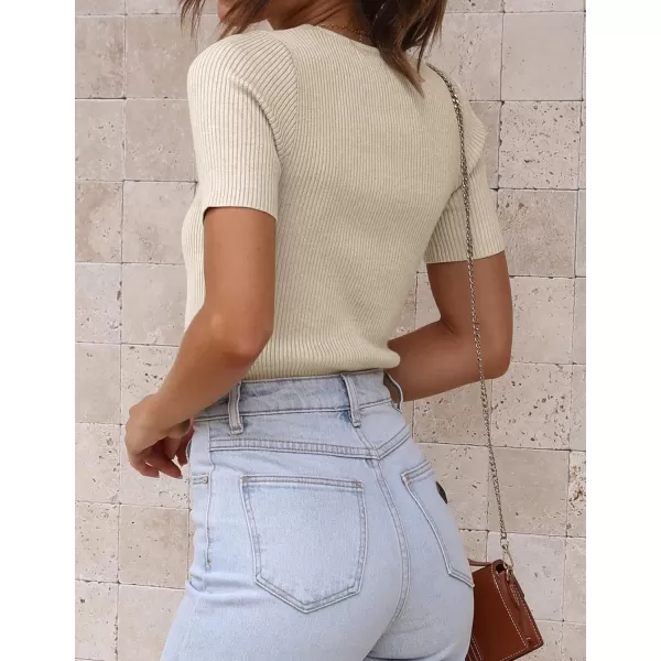 imageZESICA Womens Short Sleeve Crewneck Ribbed Knit Slim Fit T Shirt 2023 Summer Basic Solid Color Tee TopsAlmond