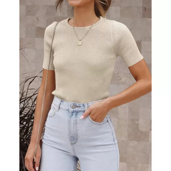 imageZESICA Womens Short Sleeve Crewneck Ribbed Knit Slim Fit T Shirt 2023 Summer Basic Solid Color Tee TopsAlmond