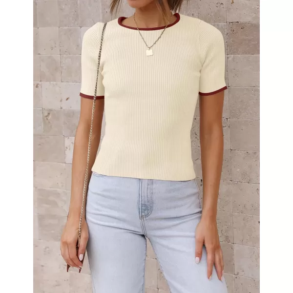 imageZESICA Womens Short Sleeve Crewneck Ribbed Knit Slim Fit T Shirt 2023 Summer Basic Solid Color Tee TopsApricot