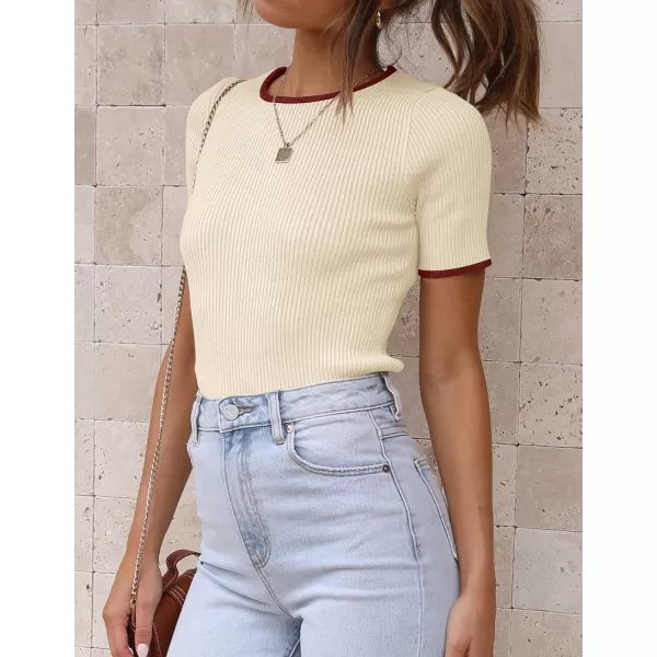 imageZESICA Womens Short Sleeve Crewneck Ribbed Knit Slim Fit T Shirt 2023 Summer Basic Solid Color Tee TopsApricot
