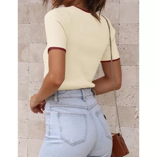 imageZESICA Womens Short Sleeve Crewneck Ribbed Knit Slim Fit T Shirt 2023 Summer Basic Solid Color Tee TopsApricot