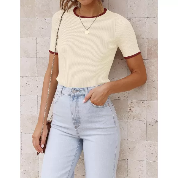 imageZESICA Womens Short Sleeve Crewneck Ribbed Knit Slim Fit T Shirt 2023 Summer Basic Solid Color Tee TopsApricot
