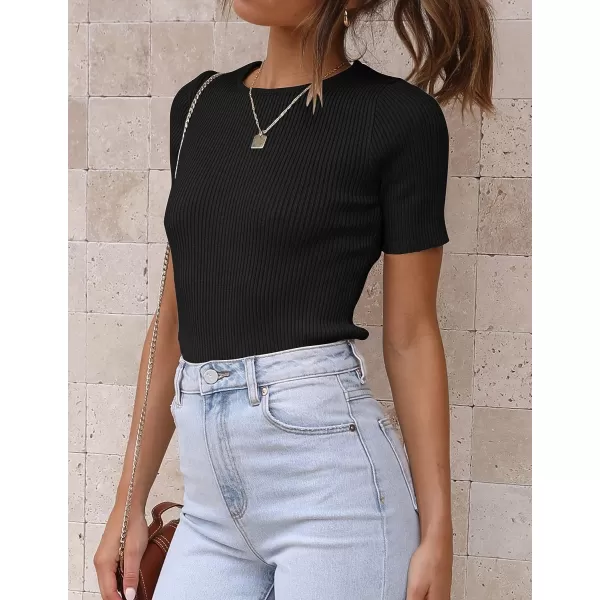 imageZESICA Womens Short Sleeve Crewneck Ribbed Knit Slim Fit T Shirt 2023 Summer Basic Solid Color Tee TopsBlack